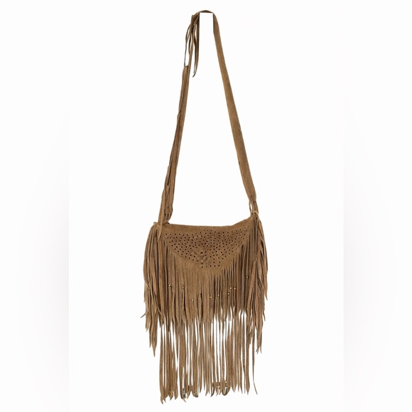 Handbags - Suede Fringe Crossbody Bag in Tan With Adjustable Straps